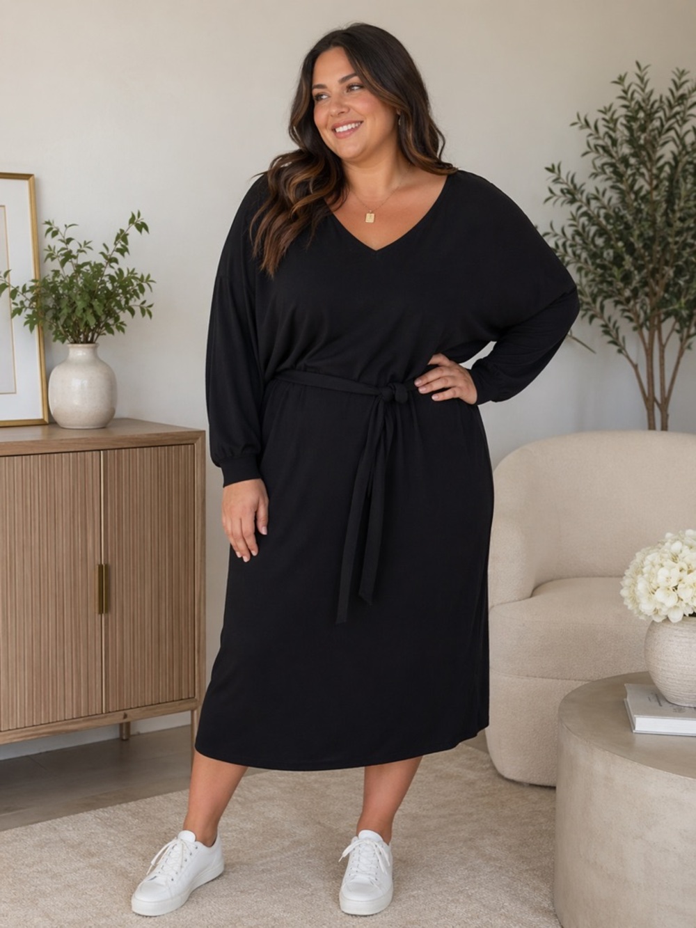 Abbott Elementary Sweater Dress Womens Plus 2X Black Tie Waist Long Sleeve NWT